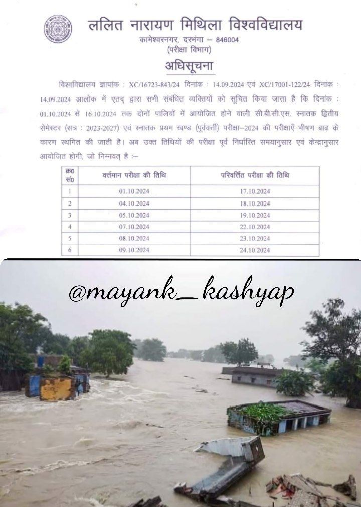 बाढ़ को लेकर ललित नारायण मिथिला विश्वविद्यालय ने बढ़ाई परीक्षा की तिथि 